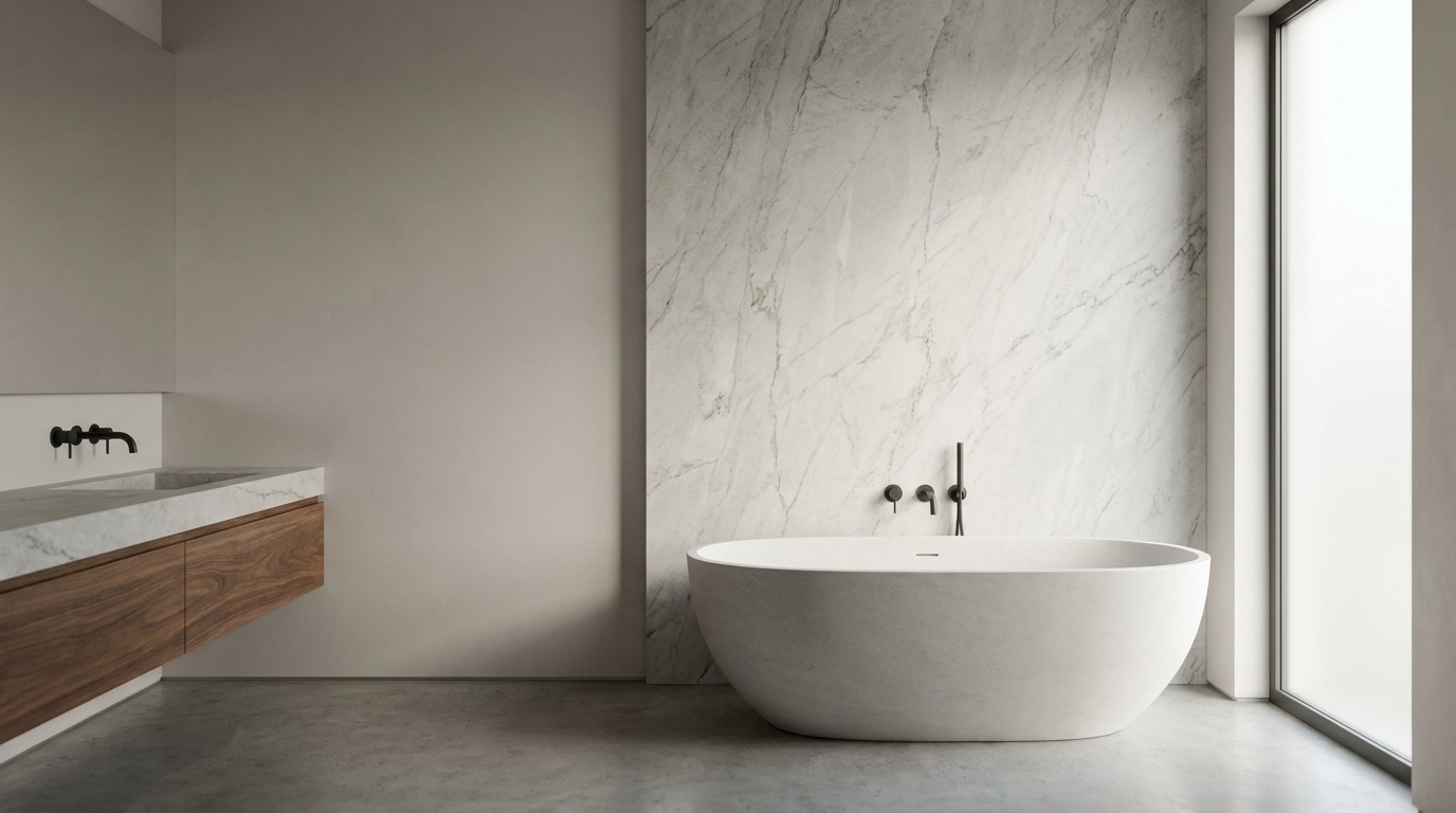 A stone and walnut primary bathroom