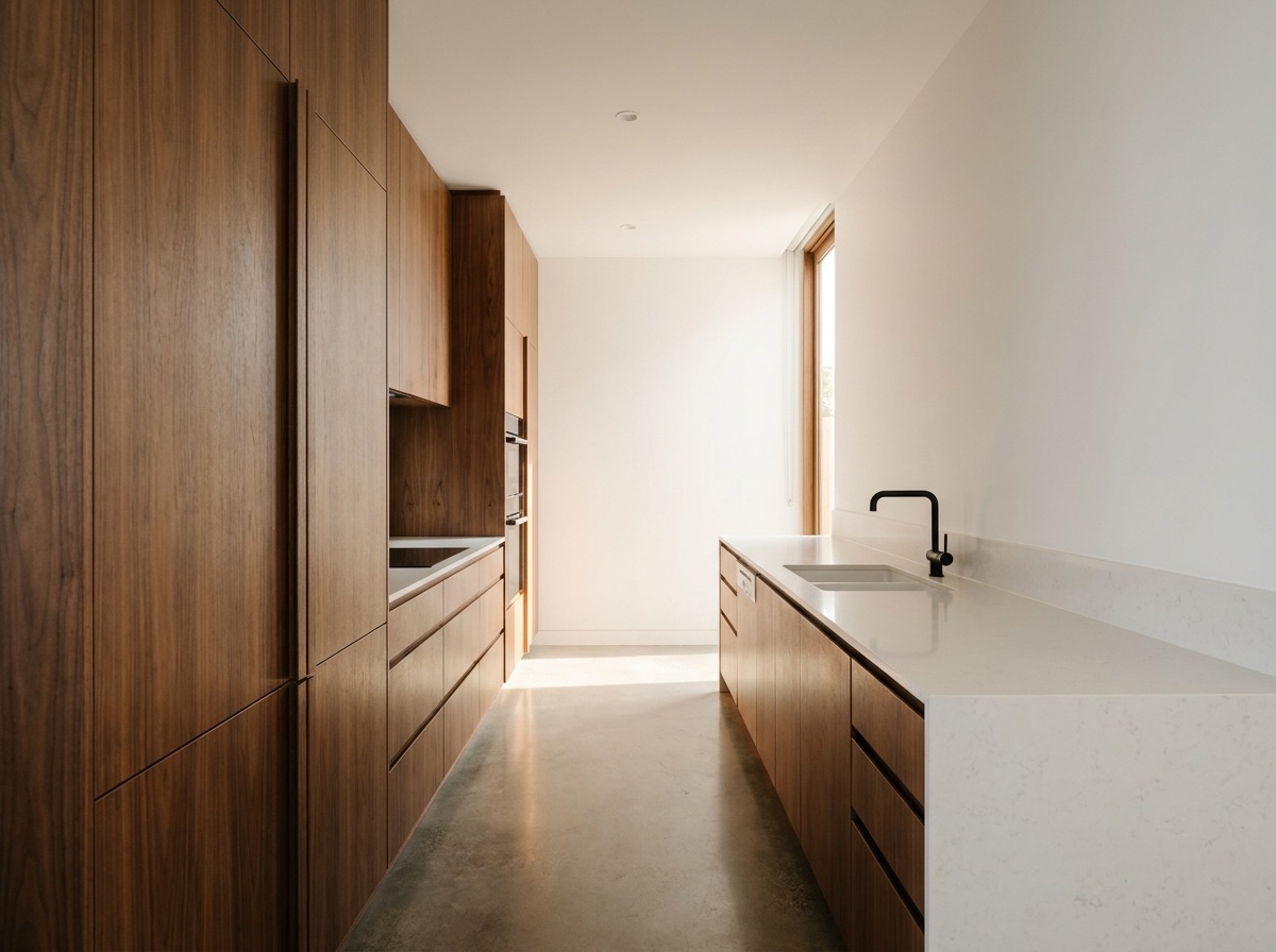A walnut and white quartz kitchen